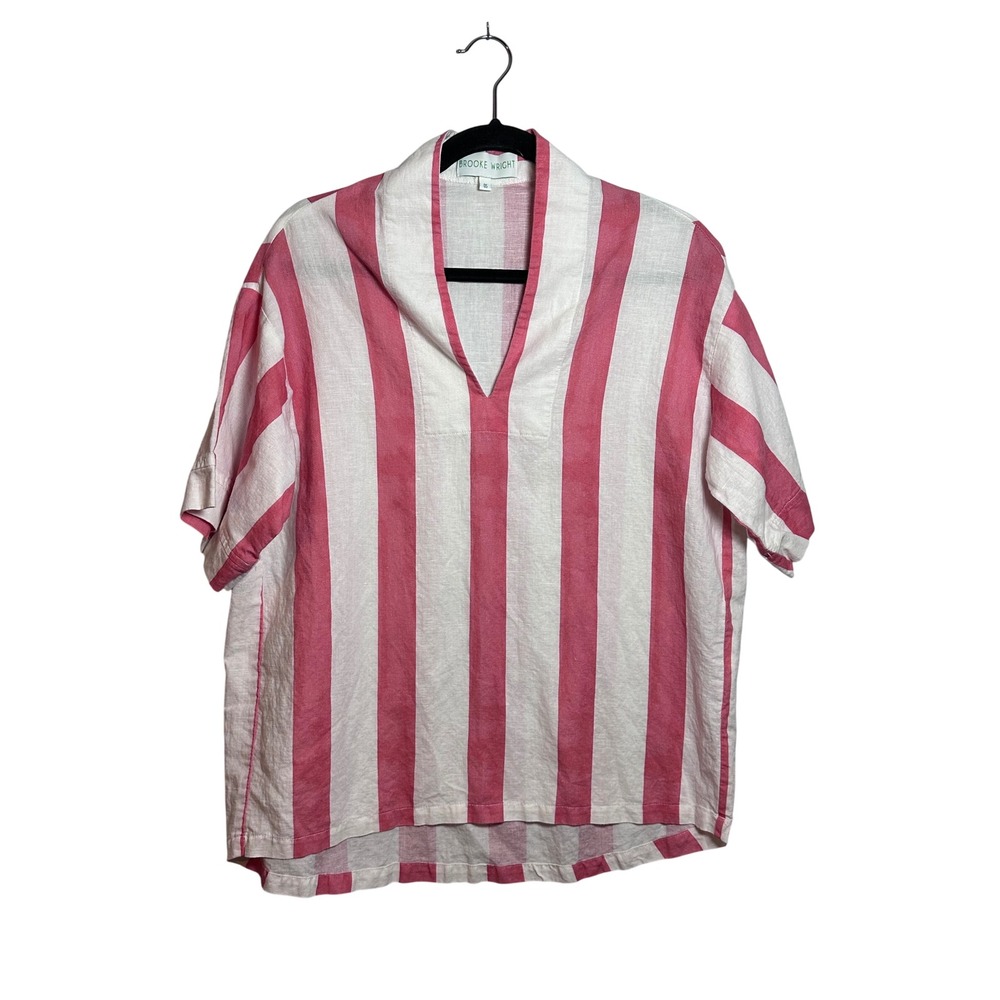 Brooke Wright Pink White Stripe Oversized Collared Shirt Top OS Linen Blend